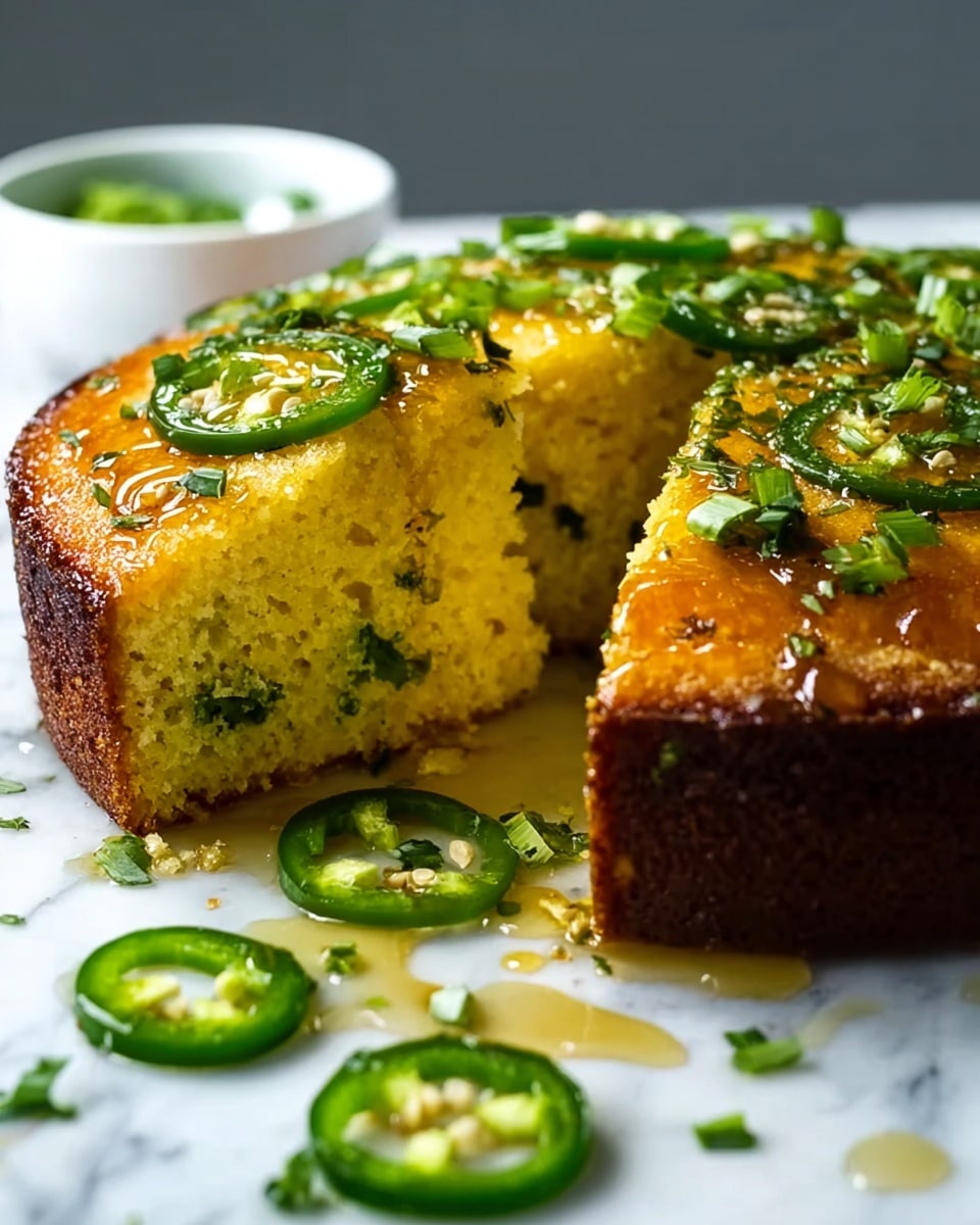 A round cornbread with a golden brown crust and a soft, crumbly yellow inside is shown on a white marbled surface. The cornbread is cut into a thick slice that stands upright, revealing bits of green herbs inside. The top layer of the cornbread is glazed with honey that glistens and drips slightly down the side. Thinly sliced green jalapeño peppers are spread across the top, along with small pieces of green herbs sprinkled over them. Additional slices of jalapeños and herb pieces are scattered on the surface near the cornbread. In the background, there is a small white bowl with a green creamy sauce. photo taken with an iphone --ar 4:5 --v 7