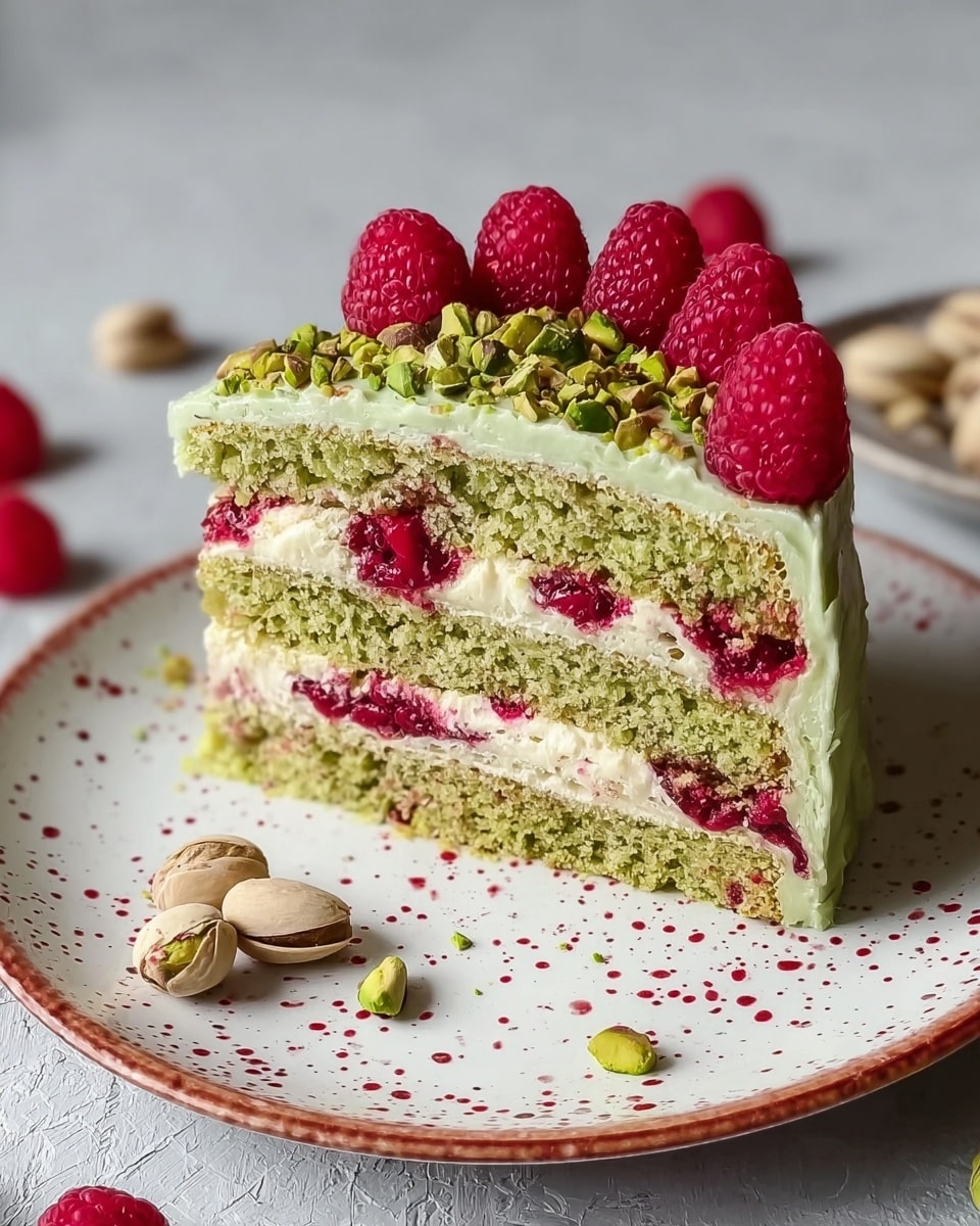 A three-layer cake sits on a dark stand with a clear edge, placed on a white marbled surface. The cake features light yellow sponge layers separated by two layers of deep red berry filling, covered by smooth light green frosting all around. The top is decorated with many fresh red raspberries and some small green pistachio pieces scattered between them. There is a slice cut out, showing the colorful layers inside, and cake crumbs are visible on the stand and on the surface below. Photo taken with an iphone --ar 4:5 --v 7