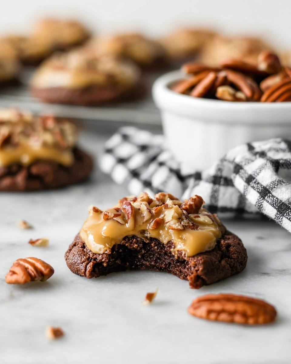 A stack of three thick, dark brown chocolate cookies with a cracked texture, topped with a sticky light brown layer of shredded coconut and pecans, with a few whole pecans placed on top for decoration. The cookies rest on a wooden board, with scattered toasted coconut flakes and pecans around them, and a blurred white bowl with more topping in the background, all set against a white marbled texture. photo taken with an iphone --ar 4:5 --v 7