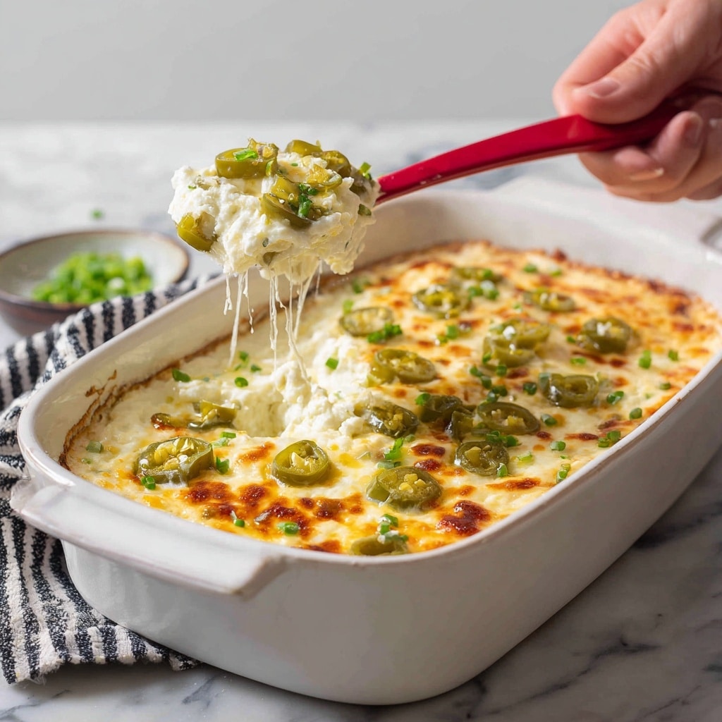 A baked casserole dish with a creamy white ricotta cheese layer at the bottom, topped with a golden-brown melted cheese layer mixed with browned bits of cooked bacon and sliced green jalapeños scattered on top. Small chopped green onions are sprinkled throughout both layers. A woman's hand is using a red spoon to scoop out a portion, lifting some creamy cheese and jalapeño pieces with melted cheese strings stretching from the dish. The white casserole sits on a white marbled surface with a black and white striped cloth nearby. Photo taken with an iphone --ar 4:5 --v 7