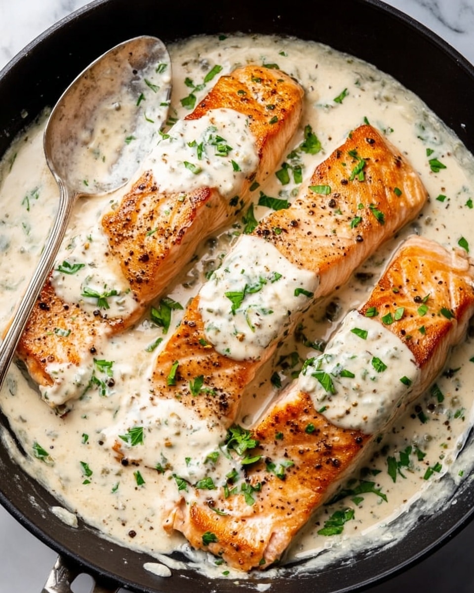 Two pieces of grilled salmon with crispy, dark grill marks sit in a shallow pool of creamy white sauce with green herb bits on a white plate. Each salmon fillet is a pinkish-orange color with a slightly charred crust. The top of each fillet is covered with a thick dollop of the white sauce mixed with small bits of green herbs and black pepper, which is also spread around the base, creating a rich, glossy layer. The texture of the salmon looks tender and flaky under the sauce. The background shows a white marbled surface. photo taken with an iphone --ar 4:5 --v 7