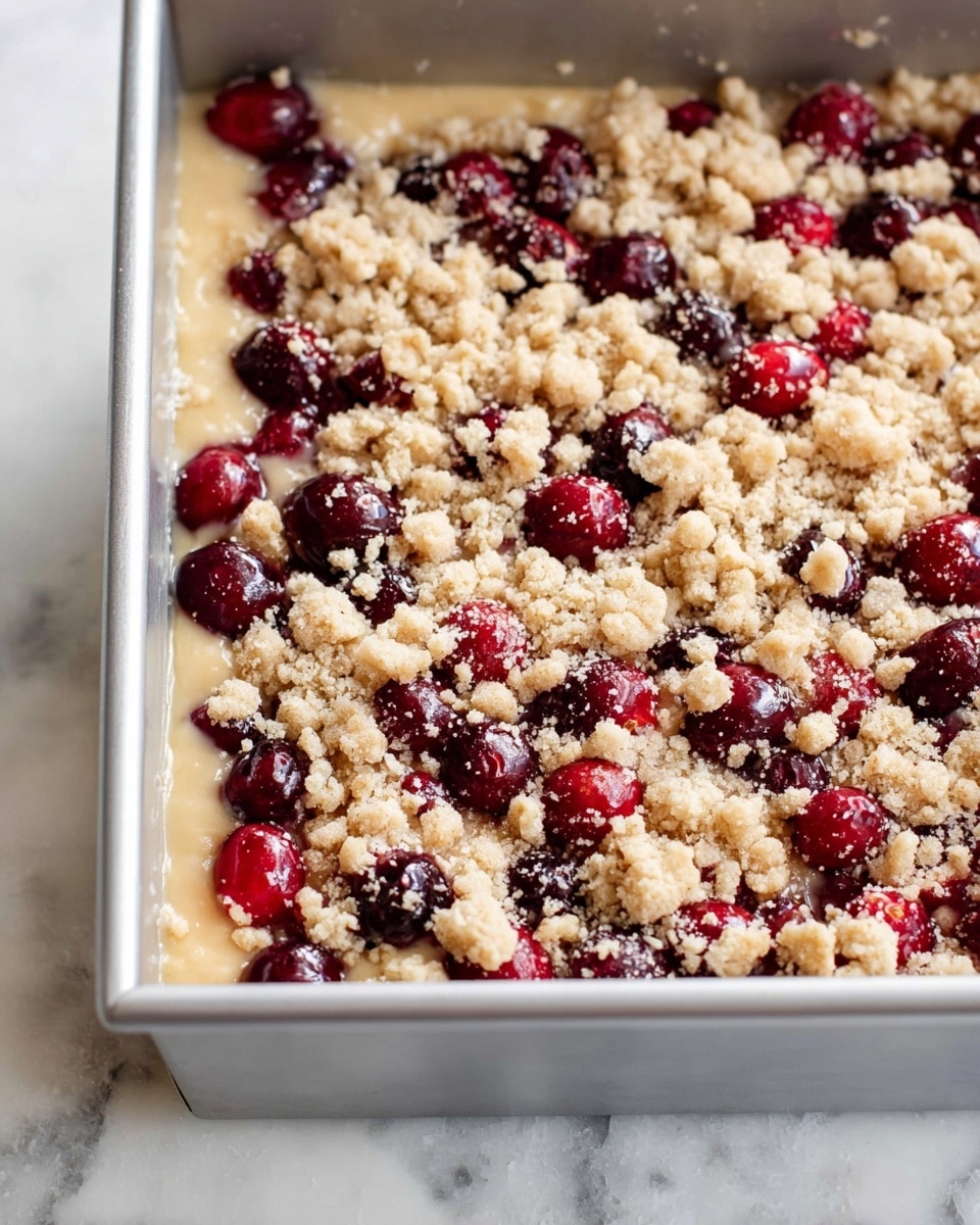The image shows a close-up of a square metal pan filled with a dessert before baking, with three visible layers: the bottom layer is a smooth, light beige batter spread evenly; the middle layer consists of scattered whole fresh cranberries, deep red and shiny, evenly spread; the top layer is a crumbly, pale tan streusel topping with small and medium chunks, sprinkled generously over the cranberries. The pan is set on a white marbled surface. photo taken with an iphone --ar 4:5 --v 7