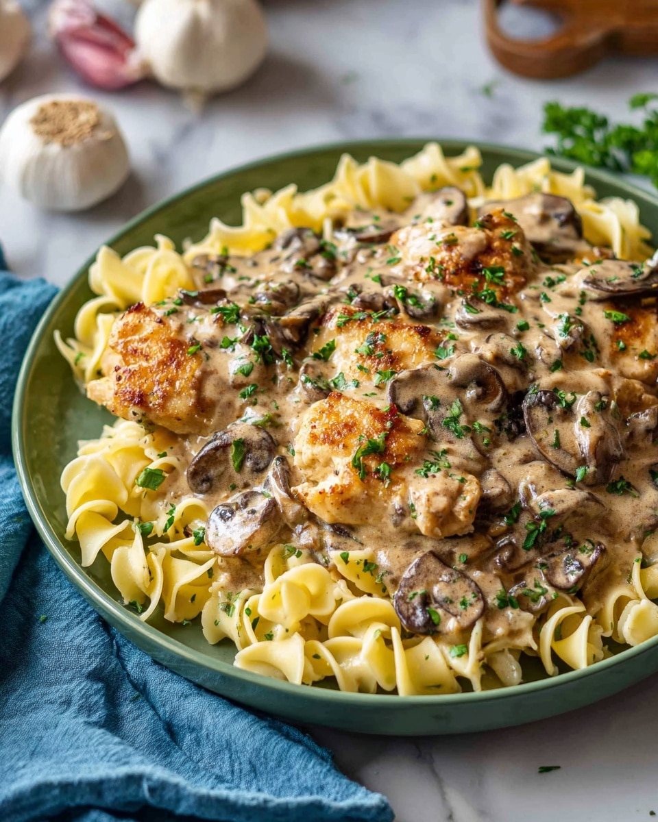 A green plate filled with three layers: the bottom layer has pale yellow egg noodles with a twisted shape, the middle layer has a creamy brown sauce with dark brown cooked mushroom slices, and the top layer features golden brown pieces of chicken coated in the sauce. Fresh green parsley is sprinkled on top. The plate sits on a white marbled surface, with a soft blue cloth partly visible at the bottom left corner. In the background, there are soft-focus whole garlic bulbs and cloves. Photo taken with an iphone --ar 4:5 --v 7