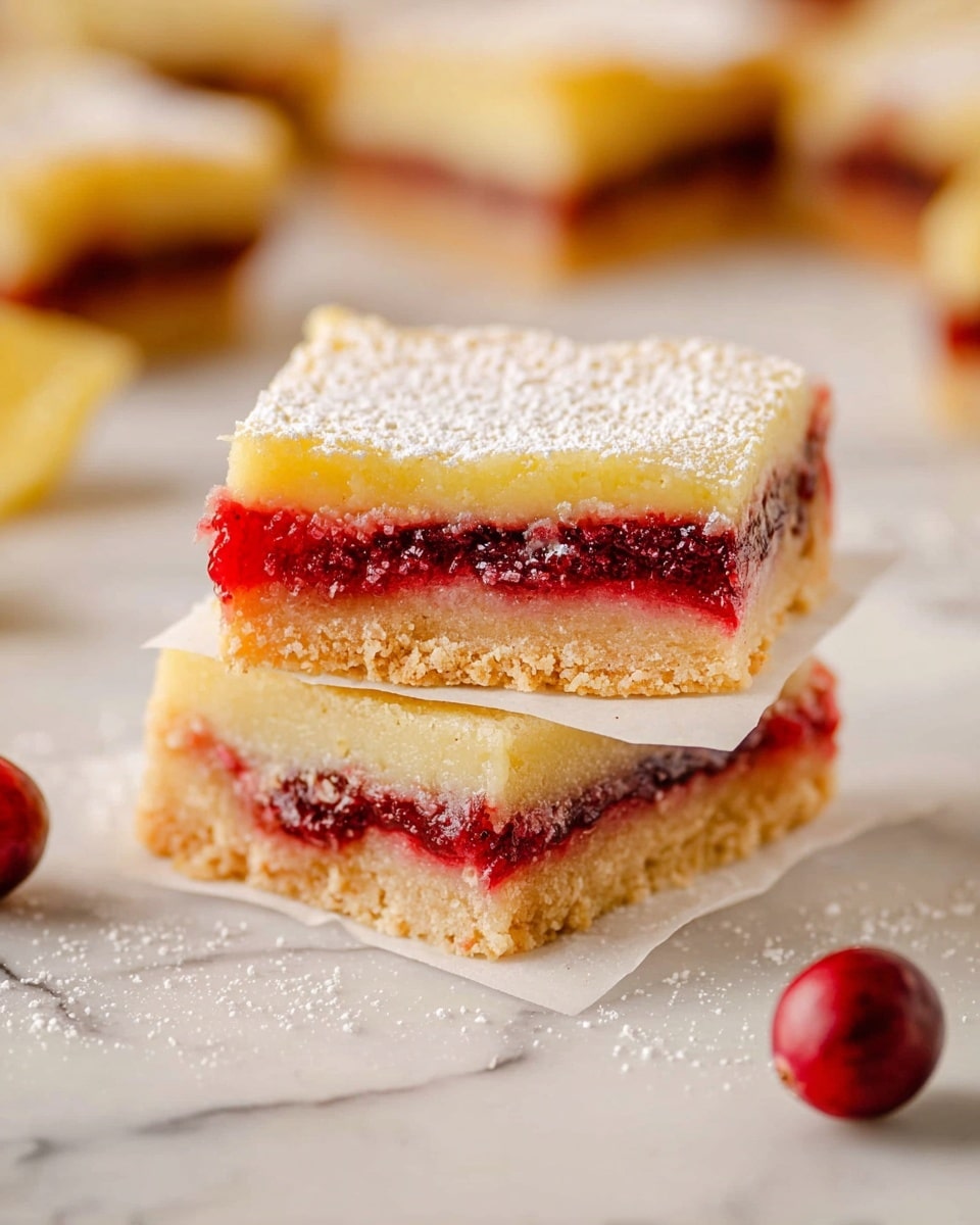The image shows two square dessert bars stacked on top of each other on a white marbled surface. Each bar has three clear layers: the bottom layer is a light brown, crumbly crust, the middle layer is a thick, deep red cranberry filling with a slightly glossy texture, and the top layer is a smooth, pale yellow cake topped with a light dusting of powdered sugar. The bars are separated by a small piece of white parchment paper. In the foreground, two fresh cranberries rest on the white marbled surface near the bars. The background is softly blurred with more dessert squares visible. photo taken with an iphone --ar 4:5 --v 7