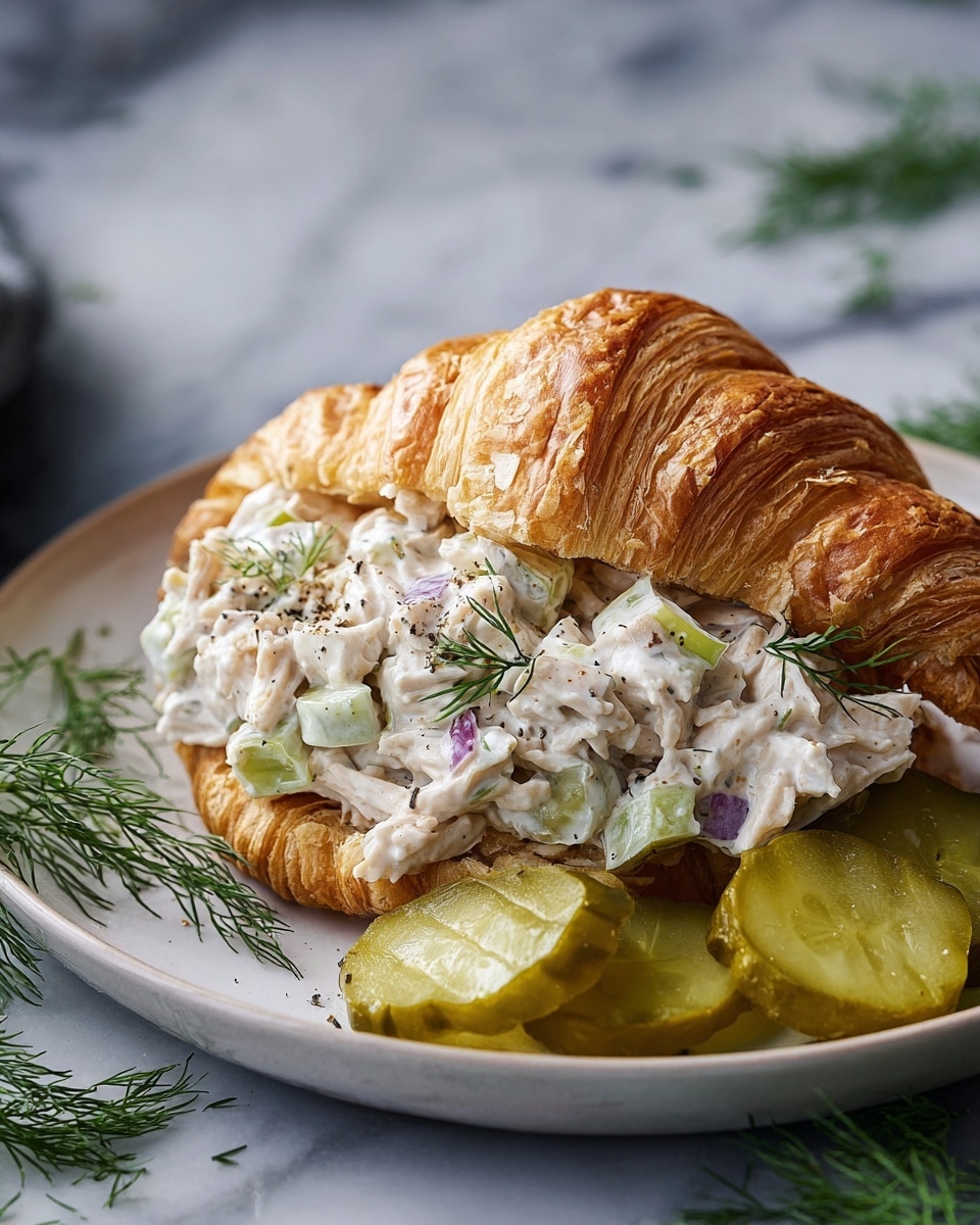 A close-up view of a creamy chicken salad in a deep, speckled brown bowl, filled with chunky white chicken pieces mixed with pale green pickle chunks, small pieces of purple onion, and green herb sprinkles, all coated in thick white dressing with specks of black pepper on top. The bowl sits on a wooden board, with a white bowl of pickles in the blurred background and some fresh green dill lying beside the bowl. photo taken with an iphone --ar 4:5 --v 7