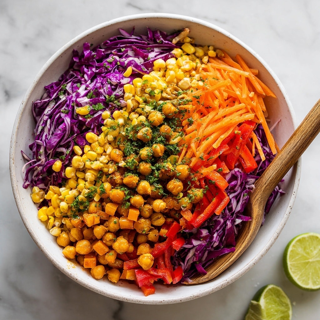 A white bowl holds a colorful salad made of layers including bright purple cabbage strips, orange shredded carrots, light beige chickpeas, and red bell pepper chunks. Fresh green herbs and sliced green onions add vibrant green touches on top. The salad is drizzled with a creamy yellow-orange dressing, some of which is also on the edge of the bowl. A gold spoon is placed inside the bowl, resting among the veggies. The bowl sits on a white marbled surface partly covered with a white and black-striped cloth, and a small white bowl with more green herbs is nearby. photo taken with an iphone --ar 4:5 --v 7