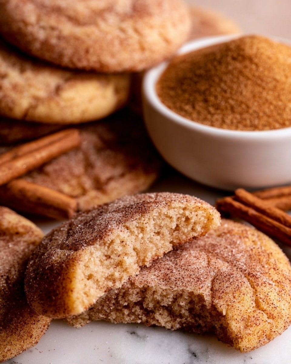 The image shows several round cookies on a white marbled surface. Each cookie has one thick, rough, light brown layer covered evenly with a dusting of white and brown sugar and cinnamon powder, giving them a grainy texture. The cookies are close together, with cinnamon sticks placed nearby and a white dish holding sugar in the top right corner of the image. The warm tones of the cookies contrast with the clean background, highlighting their soft and chewy texture. Photo taken with an iphone --ar 4:5 --v 7
