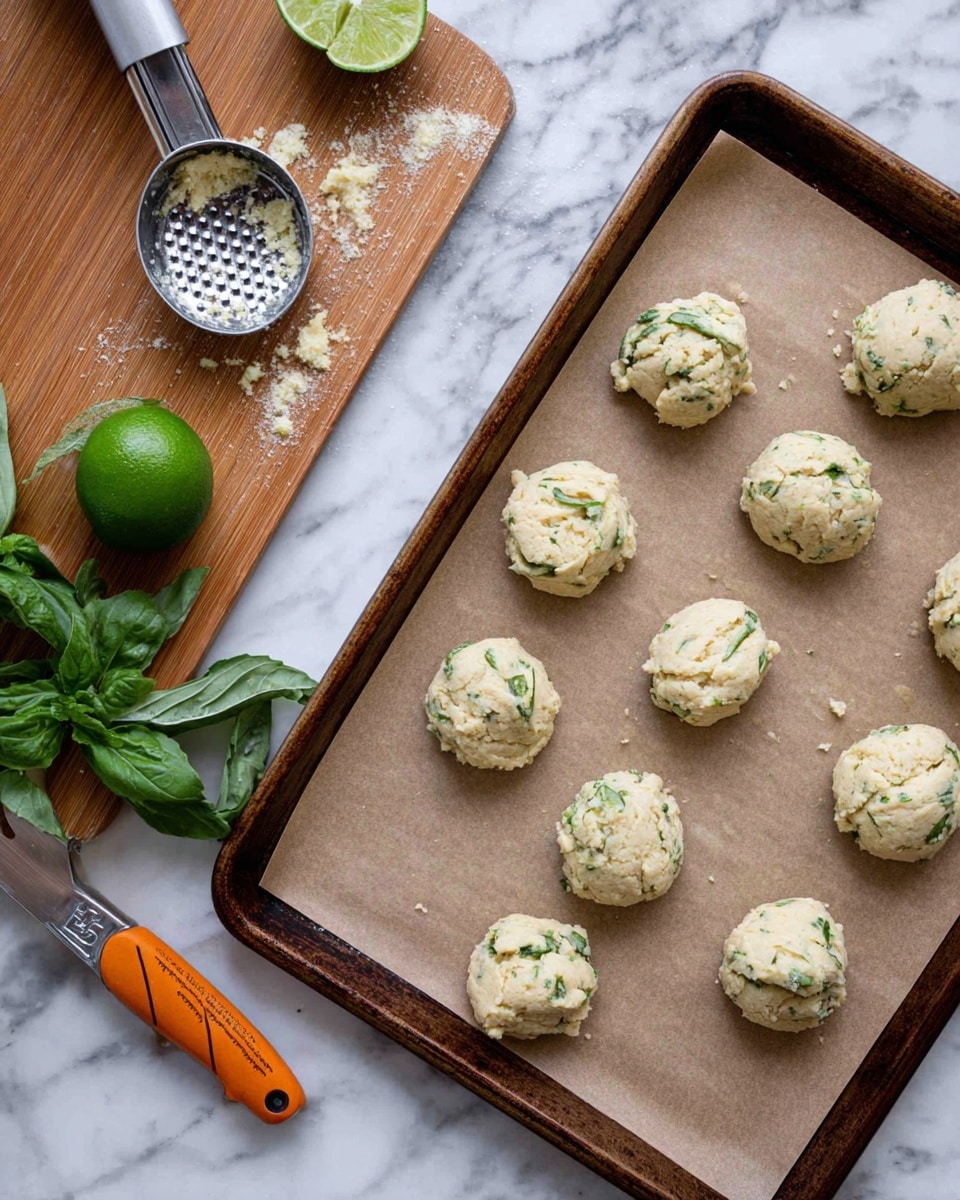 The image shows six round, soft cookies with a light greenish-brown color and a smooth surface dotted with tiny darker green specks, laid flat on a white marbled surface. Some cookies are lightly sprinkled with green sugar crystals and small yellow lemon zest pieces on top. Around the cookies, there are fresh dark green basil leaves and a few lemon wedges with bright yellow flesh and white rind. A small wooden spoon filled with green sugar crystals rests near the cookies, adding texture to the scene. Photo taken with an iphone --ar 4:5 --v 7