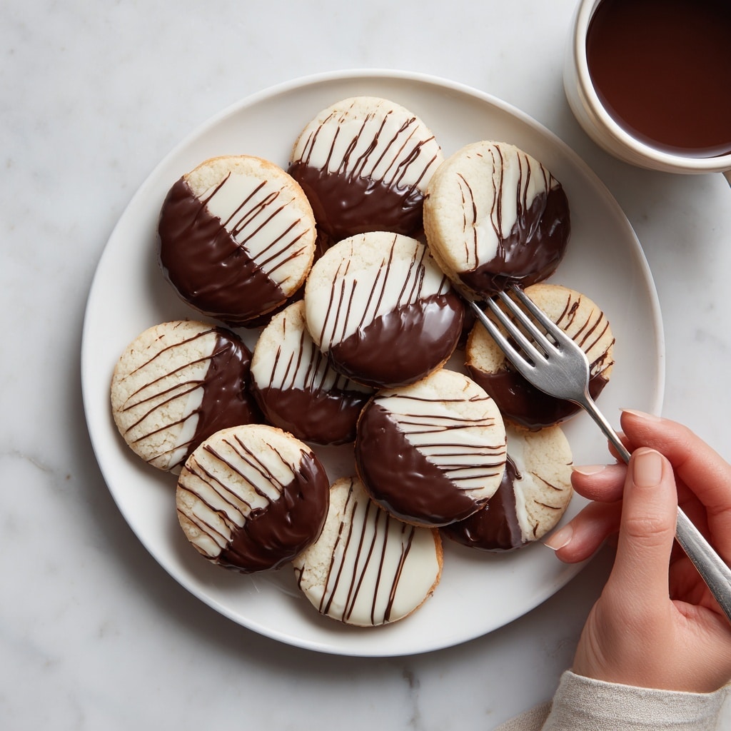 The image shows a wooden cutting board with a sheet of parchment paper on top, placed on a white marbled surface. On the parchment paper, there are several small round cookies covered in smooth white icing, arranged loosely in a scattered pattern. Some cookies are decorated with thin, uneven drizzles of dark chocolate, creating a contrast with the white icing. Powdered sugar is sprinkled lightly over the entire scene, adding a soft white dusting. A metal butter knife with a dark wooden handle rests diagonally on the parchment paper near the cookies. To the left side of the cutting board, there is a white bowl partly filled with melted dark chocolate. photo taken with an iphone --ar 4:5 --v 7