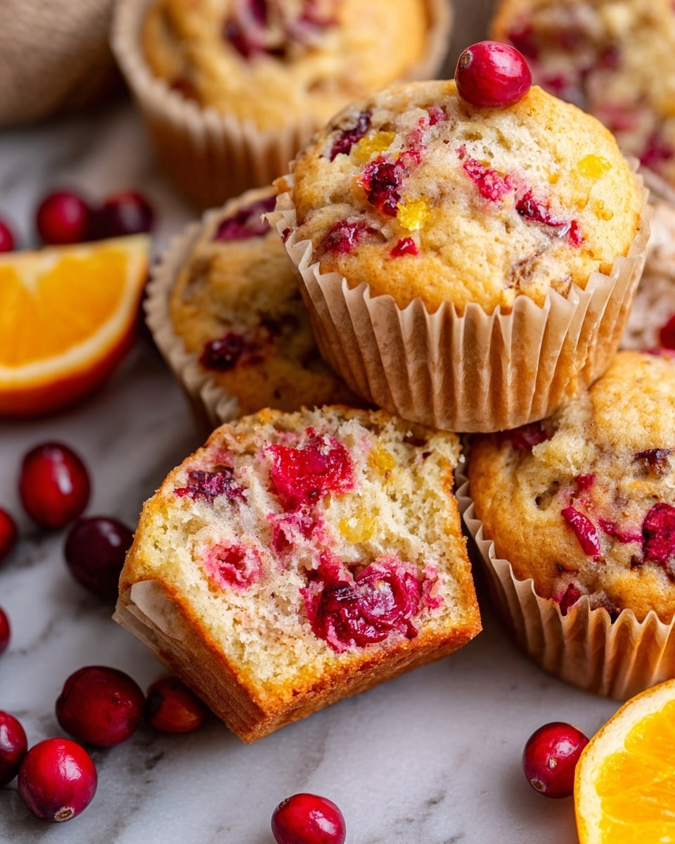 The image shows a close-up of several golden-brown muffins filled with bright red cranberry pieces, scattered throughout each muffin layer. One muffin is torn open in the center, revealing a soft and moist inside with visible red cranberry bits mixed into the light, fluffy cake texture. The muffins are wrapped in beige paper liners and are placed on a white marbled surface. Around the muffins, whole cranberries and a piece of bright orange peel add color contrast. photo taken with an iphone --ar 4:5 --v 7