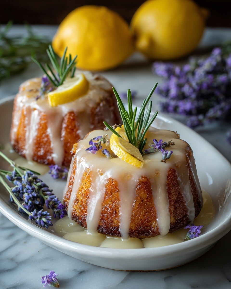 Three small golden-brown bundt cakes sit on a white plate with a blue inner surface on a white marbled texture. Each cake is topped with a smooth, white glaze that drips down the sides in thin streams. On top of the glaze rests a small bunch of bright purple flowers with green stems and tiny green leaves scattered lightly around. The cakes have a soft, crumbly texture visible at the edges, and the purple flowers add a fresh touch of color against the warm golden cakes. Photo taken with an iphone --ar 4:5 --v 7
