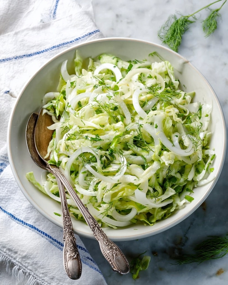 A clear glass bowl filled with a simple salad made of thinly sliced pale green lettuce and thin white onion strips, lightly sprinkled with small green herb flakes. The lettuce pieces vary in size and have a fresh, slightly wet texture, while the onions add a smooth and slightly translucent look. The bowl is placed on a white marbled surface, making the green and white colors of the salad stand out clearly. photo taken with an iphone --ar 4:5 --v 7
