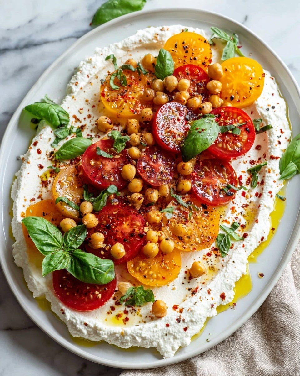 On a white oval plate, there are seven thick slices of tomatoes arranged in two overlapping rows, alternating between bright red and golden yellow colors. Each slice is topped with small white crumbles of cheese and finely chopped pieces of caramelized onions, scattered evenly across the tomatoes. A few green parsley leaves are placed in the center of the plate for garnish. To the side of the plate is a silver and wood-handled fork resting on a soft, blue-grey cloth. The whole scene is set against a white marbled background. photo taken with an iphone --ar 4:5 --v 7