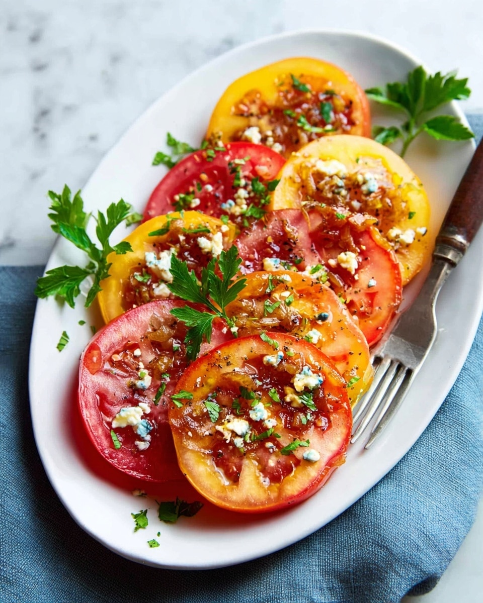A white plate with a base layer of thick, creamy white ricotta cheese spread evenly in a rough oval shape. On top, slices of red and yellow tomatoes are arranged in two rows, covering much of the cheese. Scattered over the tomatoes are small golden chickpeas, adding texture and color contrast. Fresh green basil leaves are sprinkled around and on top, with some finely sliced over the chickpeas. The entire dish is lightly dusted with red chili flakes and cracked black pepper, with a drizzle of golden olive oil pooling slightly on one side. The plate sits on a white marbled surface with a beige cloth partially visible on the side. Photo taken with an iphone --ar 4:5 --v 7