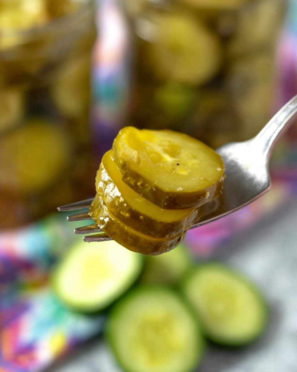 A close-up of a fork holding three stacked slices of pickles, each slice showing a greenish-yellow color with a slightly wet, shiny texture. The background shows blurred jar pickles and fresh cucumber slices, resting on a white marbled surface with a colorful blurred cloth underneath. The focus is sharp on the pickle slices on the fork, highlighting their moist, crisp layers. photo taken with an iphone --ar 4:5 --v 7
