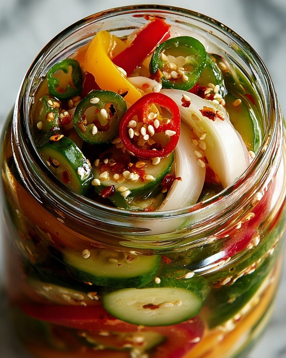 A close-up view of a clear glass jar filled with colorful pickled vegetables layered inside. The first layer at the bottom shows green cucumber slices with a glossy, wet texture. Above this are thick, curved white onion slices mixed with thin yellow bell pepper pieces. Bright red chili pepper slices and green chili rings are scattered throughout, adding splashes of red and green colors. Tiny white sesame seeds and red chili flakes are sprinkled on top, giving a textured, spicy look. The vegetables look fresh, shiny, and slightly wet inside the jar, all set against a white marbled background. Photo taken with an iphone --ar 4:5 --v 7