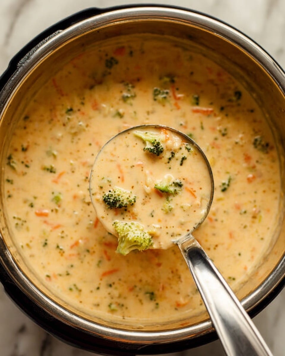 The image shows a bowl filled with creamy broccoli cheese soup, which has a light orange color with visible green broccoli florets and small bits of cheese scattered throughout. The bowl is white with a muted exterior, and a silver spoon rests inside, partially submerged in the soup. Around the bowl, there are pieces of crusty brown bread, a clear glass of water, and a small white dish filled with ground black pepper. The background is a white marbled surface, and a woman's hand is partially visible near the edge, holding the bowl. The overall setting looks cozy and inviting, perfect for a warm meal. photo taken with an iphone --ar 4:5 --v 7