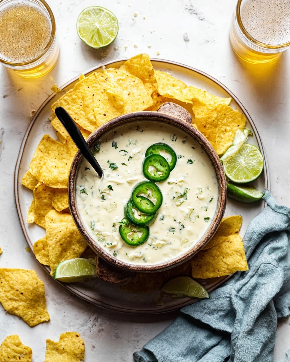 A rustic brown bowl filled with creamy white queso dip speckled with small green bits, topped with five bright green jalapeño slices arranged in a vertical line. The bowl sits on a large white plate, surrounded by several yellow tortilla chips and two lime wedges on the left. A black spoon rests inside the queso, partially immersed. Around the plate, more yellow tortilla chips are scattered on a white marbled surface, along with a light blue cloth napkin on the right. Two glasses with light golden beer, one near the top and one partially visible at the bottom, complete the scene. photo taken with an iphone --ar 4:5 --v 7
