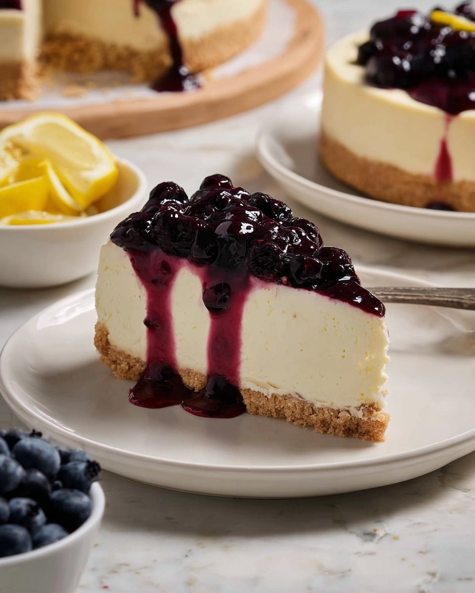 A slice of cheesecake is on a white plate, showing three clear layers: the bottom layer is a crumbly, light brown crust, the middle layer is thick and creamy white cheesecake, and the top layer is a shiny, deep purple blueberry topping with whole blueberries and some purple syrup dripping down the sides. In the background, another slice with similar topping can be seen on a white plate, along with lemon wedges in a white bowl and fresh blueberries in a small white bowl on a white marbled surface. Photo taken with an iphone --ar 4:5 --v 7