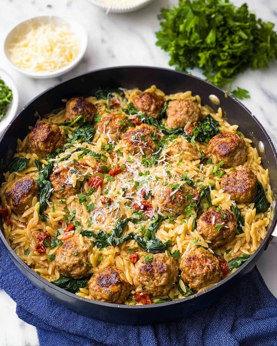 A round white plate is filled with a creamy orzo pasta mixed with bits of green spinach and small pieces of browned garlic, creating a textured, slightly saucy base. On top of the pasta, there are five browned meatballs arranged in a circular pattern, lightly sprinkled with grated cheese. The pasta has a pale yellow color with green and golden brown highlights, and the meatballs have a crispy brown exterior. A silver fork rests on the right side of the plate, partly inserted into the pasta. The background is a white marbled texture, with a bunch of fresh green parsley placed in the top right corner and two small clear glass bowls containing grated cheese and chopped parsley visible in the lower right. Photo taken with an iphone --ar 4:5 --v 7