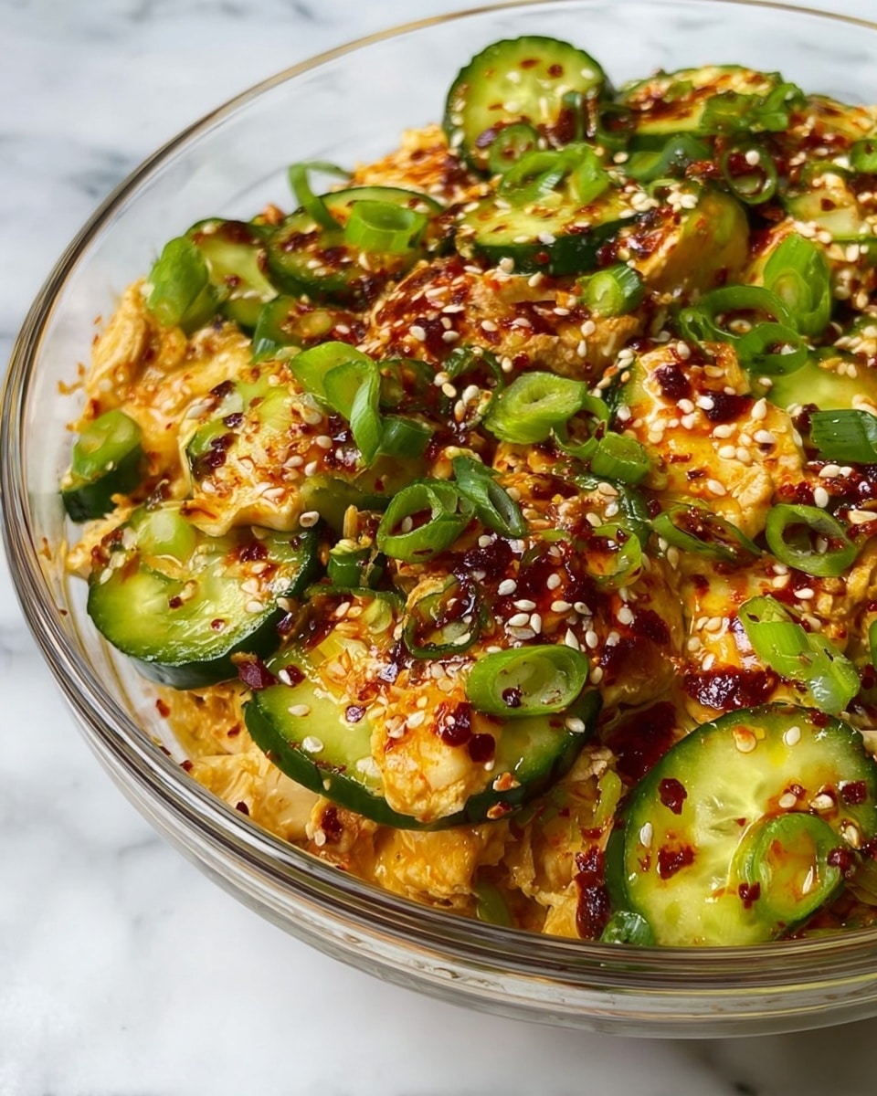 A close-up of a fork holding a bite of food above a white bowl with a mix of sliced green cucumbers coated in a reddish-orange creamy sauce with visible chili flakes and small green herbs, the background showing more of the same mixture with a slightly textured creamy base and thin cucumber slices, all placed on a white marbled surface. photo taken with an iphone --ar 4:5 --v 7