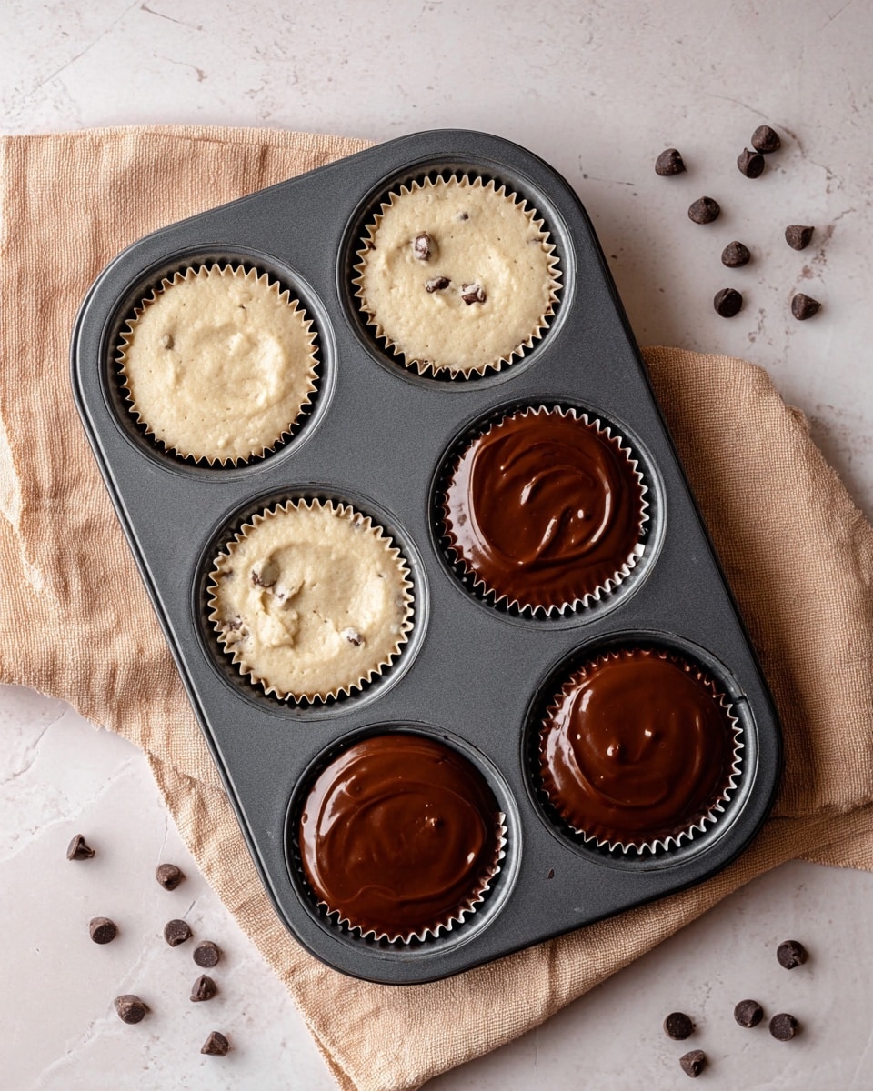 A dark gray muffin tray holds six cupcake liners arranged in two columns of three, placed on a soft beige cloth on a white marbled surface. The three liners on the left side each have a pale, creamy batter with a slightly rough texture, some showing bits of chocolate chips inside. The three liners on the right side are filled with a smooth, glossy, dark brown chocolate layer with a few shiny highlights and slight waves on the surface. Around the tray, scattered chocolate chips add detail to the scene. photo taken with an iphone --ar 4:5 --v 7