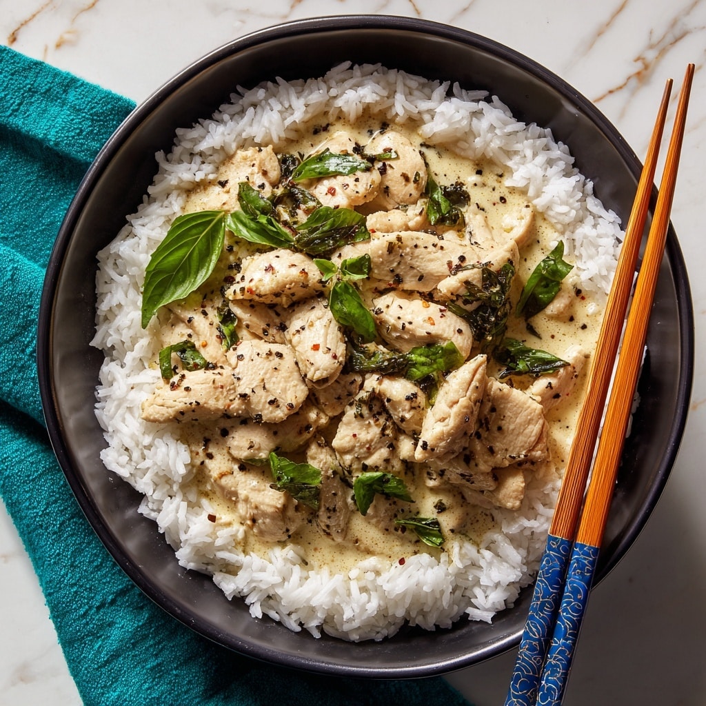 The image shows a black bowl filled with three layers of food on a white marbled surface. The bottom layer is white, fluffy rice arranged in a thick ring around the edge of the bowl. The middle layer has creamy, light beige cooked chicken pieces seasoned with visible black pepper and small green vegetable bits. Fresh green basil leaves are scattered on top of the chicken, adding bright spots of color. Two bamboo chopsticks with blue decorative bands rest on the right side of the bowl, crossing each other and touching the rice. The background includes a teal cloth partially visible beneath the bowl. Photo taken with an iphone --ar 4:5 --v 7