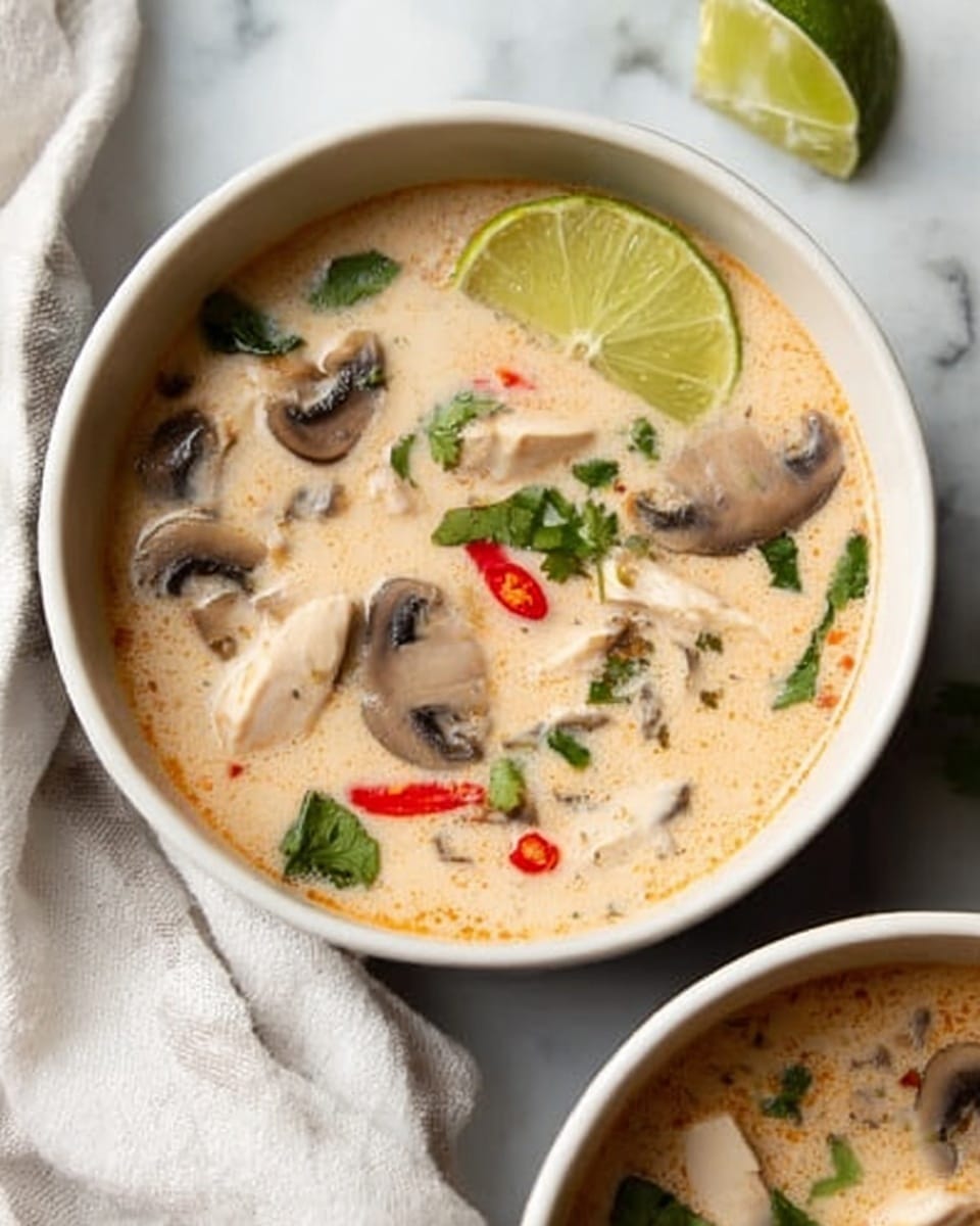The image shows a white bowl filled with creamy soup, light beige in color with visible pieces of chicken, sliced mushrooms, red chili slices, green herbs, and a wedge of lime on top. The soup has a smooth texture with small chunks spread evenly throughout. The bowl is placed on a white marbled surface with a white cloth nearby. A partial view of a second white bowl with the same soup is also visible at the bottom right corner of the image. Photo taken with an iphone --ar 4:5 --v 7