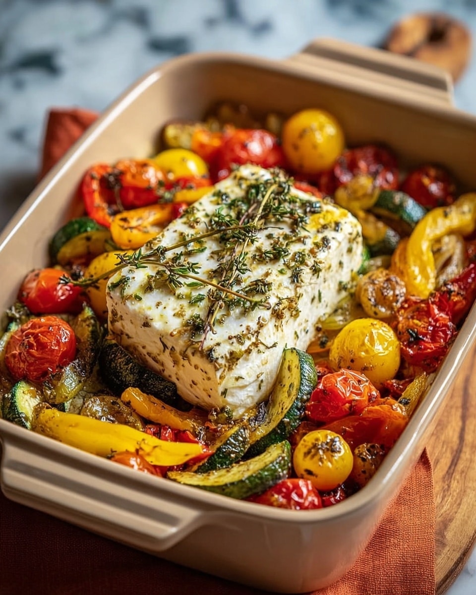 A beige rectangular baking dish filled with a colorful roasted vegetable mix, including yellow bell pepper strips, red cherry tomatoes, yellow cherry tomatoes, and green zucchini slices with some char marks. In the center sits a thick, white block of baked cheese topped with green herbs and small twigs of thyme. The vegetables surround the cheese evenly, showing a mix of soft, wrinkled textures and roasted edges, all resting on an orange cloth over a wooden board with a white marbled surface in the background. Photo taken with an iphone --ar 4:5 --v 7