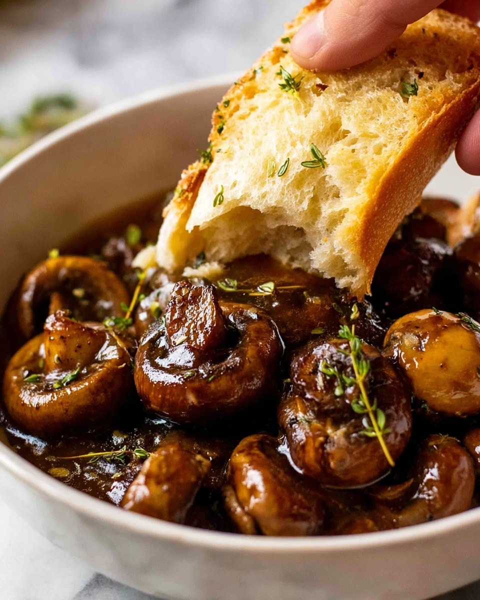 A close-up of a white bowl filled with glistening cooked brown mushrooms that are coated in a shiny sauce and garnished with fresh green thyme sprigs. A woman's hand is holding a torn piece of crusty bread with a soft, airy inside, dipped into the mushrooms, showing a bit of the sauce soaking into the bread. The scene is set on a white marbled texture surface, highlighting the warm and rich colors of the mushrooms and bread. photo taken with an iphone --ar 4:5 --v 7