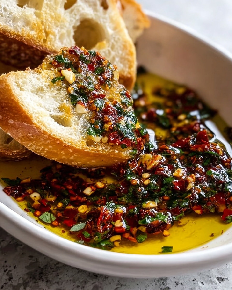 A white bowl with black speckles holds a dark brown, glossy chili oil sauce mixed with finely chopped green herbs and scattered red chili flakes, showing textures of both smooth liquid and small solid pieces. A silver spoon rests inside the bowl, partially submerged and coated with the thick sauce, capturing the mix of red, green, and golden-brown elements. The bowl sits on a white marbled textured surface, adding a clean and bright contrast to the rich colors of the sauce. photo taken with an iphone --ar 4:5 --v 7