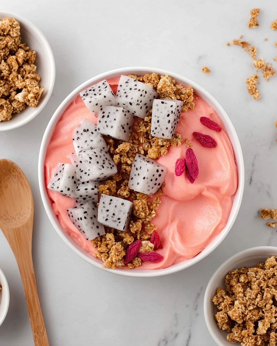 A white bowl filled with three main layers: the bottom layer is smooth and creamy light pink sorbet, thickly spread and softly swirled; on top, a row of small white cubes with black seeds, resembling dragon fruit, is placed diagonally; next to the fruit, there is a generous pile of golden brown granola with visible oats, nuts, and small dried red fruit scattered throughout. The bowl is placed on a white marbled surface, with a light wooden spoon nearby. Photo taken with an iphone --ar 4:5 --v 7