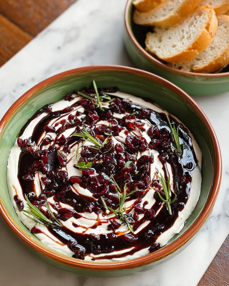 A round bowl with a smooth, creamy white base layer of thick yogurt or dip fills most of the image. On top of this base, dark brown balsamic glaze is drizzled in swirling rings, creating a striking contrast. Scattered evenly across the surface are finely chopped dark red dried cranberries or similar berries, mixed with small sprigs and needles of fresh green rosemary, adding texture and color. In the background, another bowl filled with slices of light beige crusty bread sits, both bowls placed on a white marbled surface. The bowls have a soft earthy green color with a glossy finish. photo taken with an iphone --ar 4:5 --v 7