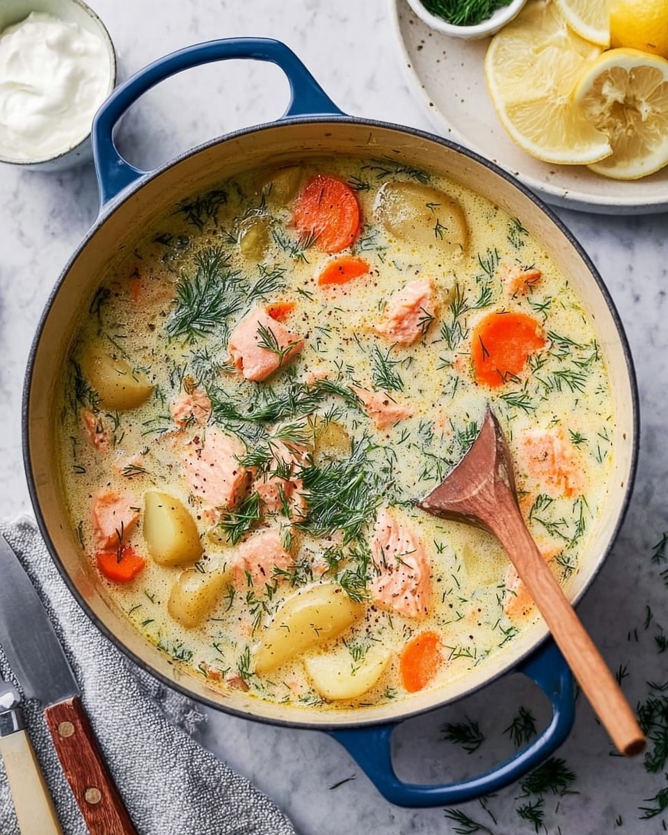 A close-up of a large blue handled pot filled with creamy salmon soup sitting on a white marbled surface. The soup has visible layers including pink cooked salmon chunks scattered throughout, thick slices of orange carrots and large pieces of pale yellow potatoes. The creamy broth is pale yellow with herbs and fresh green dill sprinkled across the top, giving a fresh touch. A wooden spoon rests inside the pot, angled downwards. Next to the pot is a white dish with lemon wedges and a knife with a wooden handle, and a small bowl with white cream nearby. The setting looks bright and fresh. photo taken with an iphone --ar 4:5 --v 7