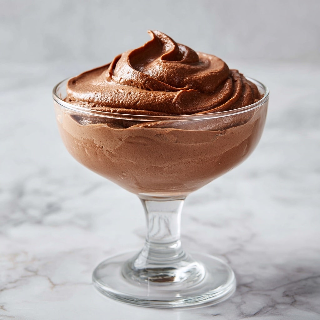 A clear glass dessert cup holds two layers, a thick bottom layer of smooth, dark brown chocolate mousse with small air bubbles, topped with a fluffy white whipped cream layer. The whipped cream is sprinkled with fine dark chocolate shavings scattered unevenly on top. The cup is placed on a white marbled surface, and a scoop has been taken out, revealing the creamy texture inside. photo taken with an iphone --ar 4:5 --v 7