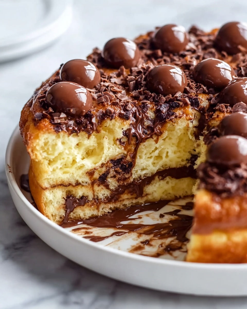 A close-up view of a round, sliced pastry showing three main layers; the bottom layer is a thin, dark brown chocolate crust, above it is a thick, light yellow cake layer with a soft and fluffy texture, and on top a layer of melted dark chocolate is spread unevenly, oozing out near the cut. The top surface of the cake is golden brown with large, shiny, dark chocolate drops placed in rows, and scattered small chocolate shavings adding a textured look. The pastry is placed in a deep white dish on a white marbled surface, with some chocolate smeared inside the dish near the cut section. Photo taken with an iphone --ar 4:5 --v 7