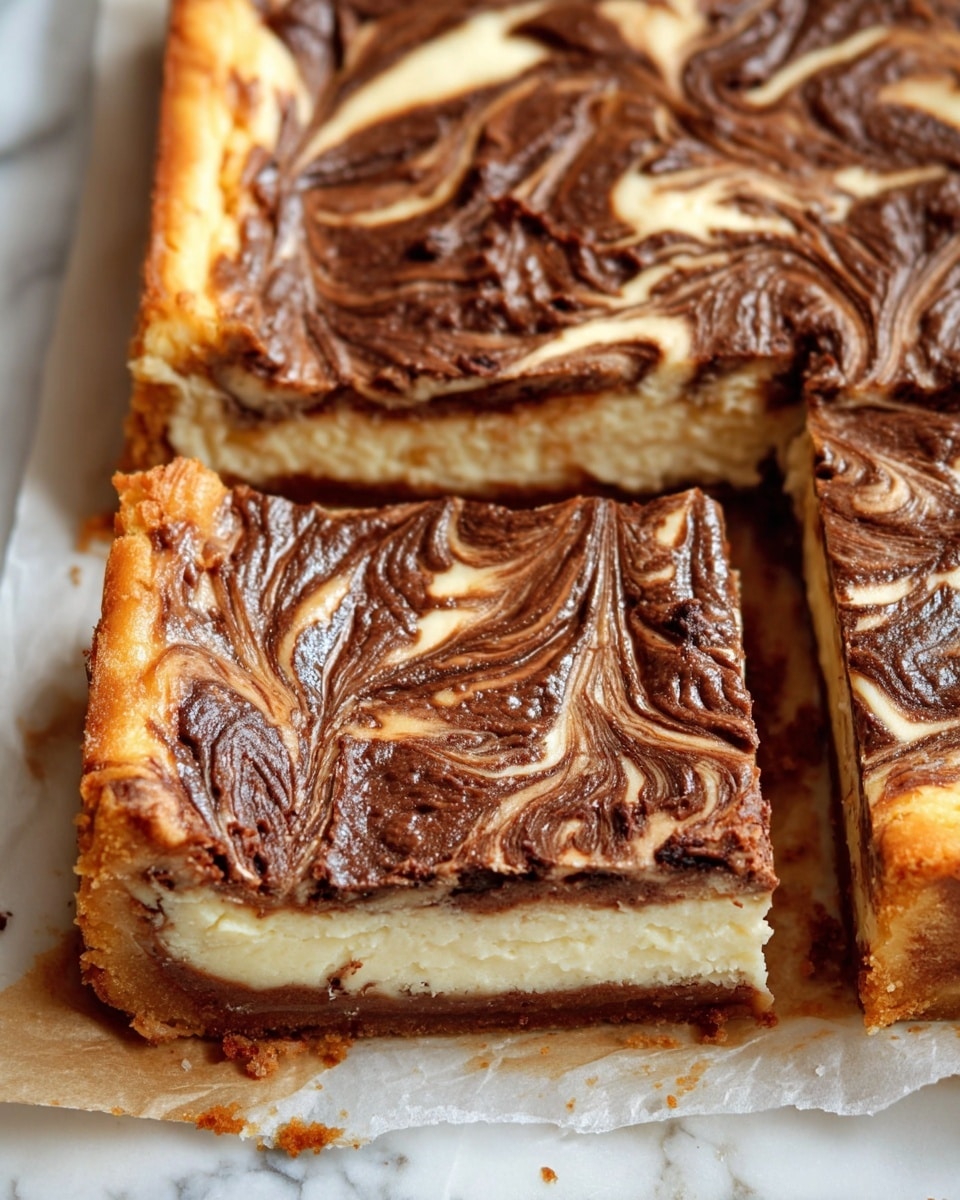 The image shows a close-up of a square dessert with two thick slices cut, placed on parchment paper with some crumbs around the edges. The dessert has a marbled top layer with swirls of dark brown chocolate and creamy off-white cheesecake, creating a rich, textured pattern. The edges are golden and slightly crisp, contrasting with the smooth, shiny swirled topping. The marble effect covers the entire visible surface with bold, wavy lines mixing the two colors and textures. The background has a white marbled texture. photo taken with an iphone --ar 4:5 --v 7