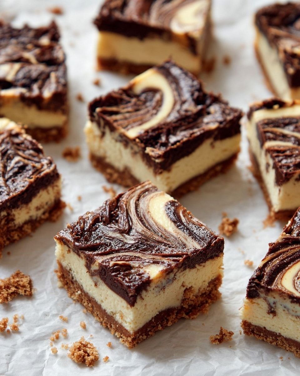 The image shows several square cheesecake bars arranged on white parchment paper over a white marbled textured surface. Each bar has three layers: a crumbly light brown base, a thick creamy beige middle cheesecake layer, and a dark brown chocolate swirl layer on top that creates a beautiful marbled pattern. Some of the bars have scattered crumbs around them, adding a rustic touch. The bars are closely placed but not touching, and the lighting highlights the smooth texture of the cheesecake and the rich chocolate swirls. Photo taken with an iphone --ar 4:5 --v 7
