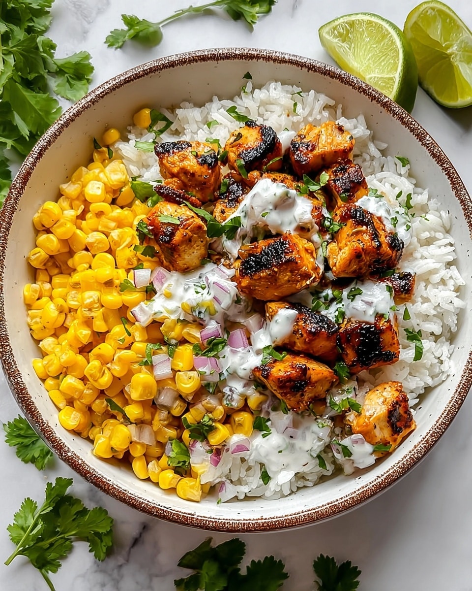 The image shows a white bowl filled with a layered dish. The bottom layer is white rice, topped with bright yellow corn kernels and thin slices of red onion. On top of this, there is orange-colored cooked chicken or meat with a slightly crispy texture. White creamy sauce is drizzled over the meat, and small green cilantro leaves are scattered on top. Two lime wedges are placed on the right edge of the bowl. Around the bowl on the white marbled surface, there are some scattered green cilantro leaves and broken tortilla chips. Photo taken with an iphone --ar 4:5 --v 7