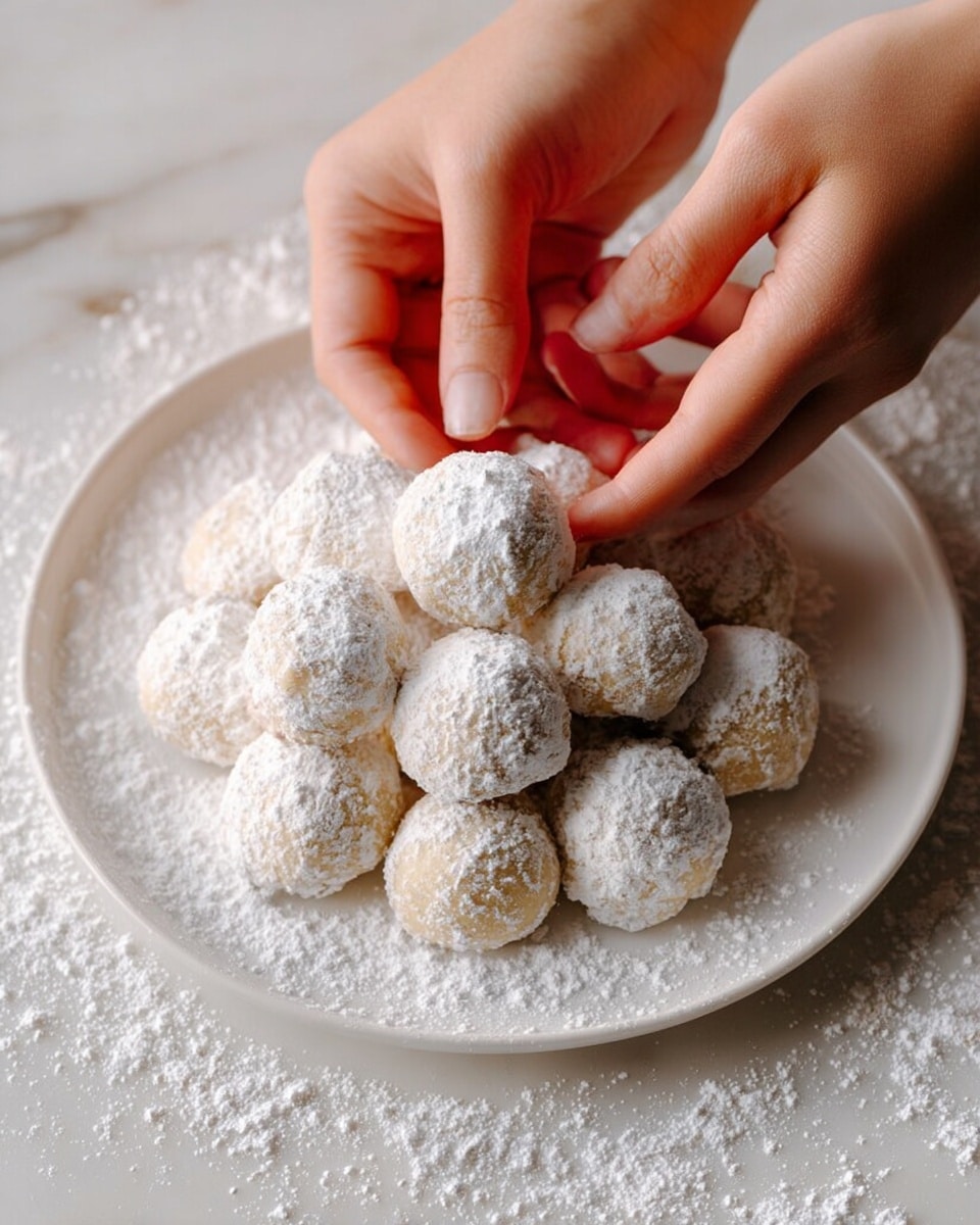 A white plate holds about fourteen round cookies that are covered in a thick layer of white powdered sugar, creating a soft, powdery texture on each cookie’s surface. The cookies are pale beige underneath the sugar, and they are piled in a small mound in the center of the plate. The plate sits on a white marbled surface dusted with powdered sugar, adding to the light and airy feel of the scene. Two woman's hands reach in from the sides, each gently holding one of the cookies, with their skin tone warm and natural against the white sugar and plate. photo taken with an iphone --ar 4:5 --v 7