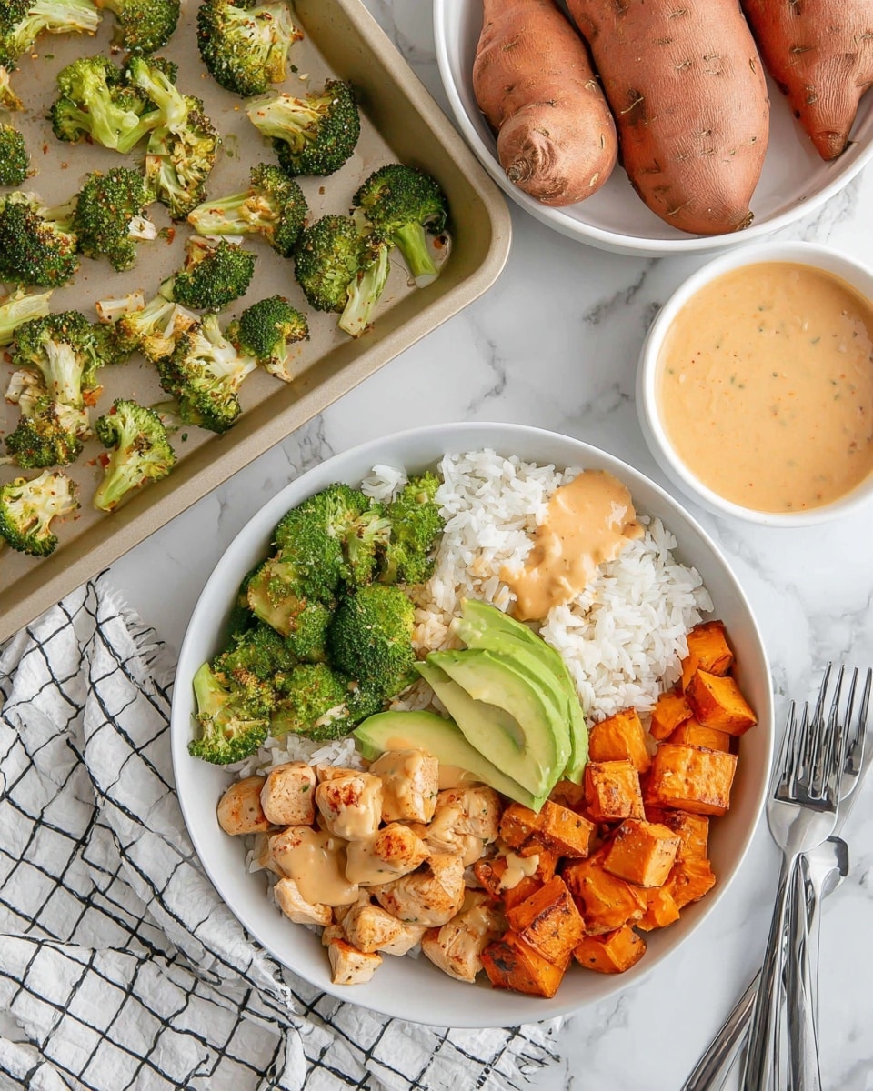A white bowl contains a meal with a base layer of white rice, topped with three sections: bright green roasted broccoli on the left, orange roasted sweet potato cubes on the right, and light brown cooked chicken pieces scattered on top of the potatoes. A creamy orange sauce is drizzled over the chicken, sweet potatoes, and broccoli. In the center, a few thin slices of fresh avocado sit neatly on the broccoli. The bowl is placed on a white marbled surface alongside a beige baking tray with roasted broccoli, two whole sweet potatoes, a small white bowl filled with creamy orange sauce, and some silver forks resting on a white cloth with a black grid pattern. photo taken with an iphone --ar 4:5 --v 7