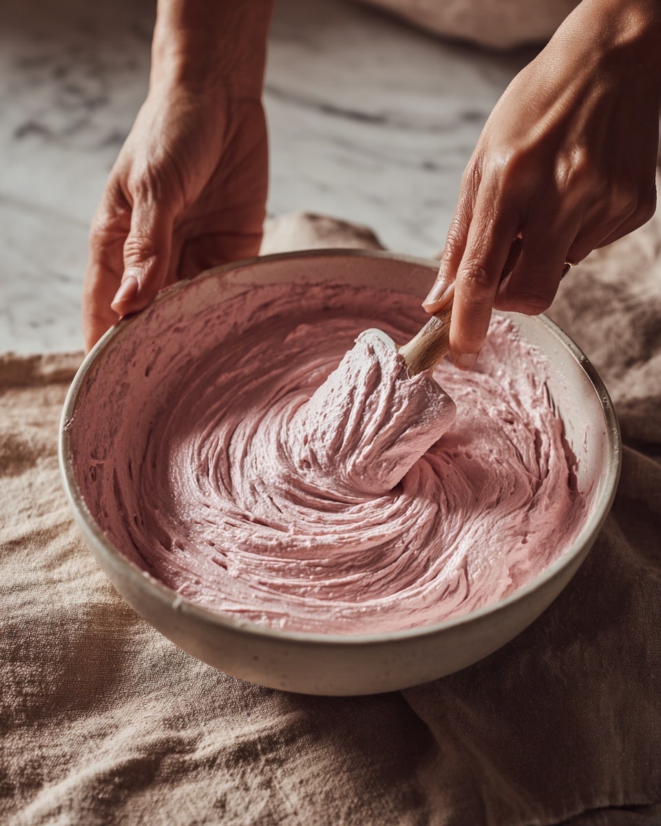 A white speckled round plate holds six pink round balls arranged close together in the center, each topped with small green leaves and red crushed crumbs. To the left of the balls, there are three halved fresh strawberries with bright red flesh and green leaves, one of which leans against the pink balls. A gold fork lies diagonally across the left side of the plate. The plate is set on a white marbled surface with sprigs of green leaves and a small bowl of red crumbs in the upper left background, alongside a soft pink cloth on the right side. Photo taken with an iphone --ar 4:5 --v 7