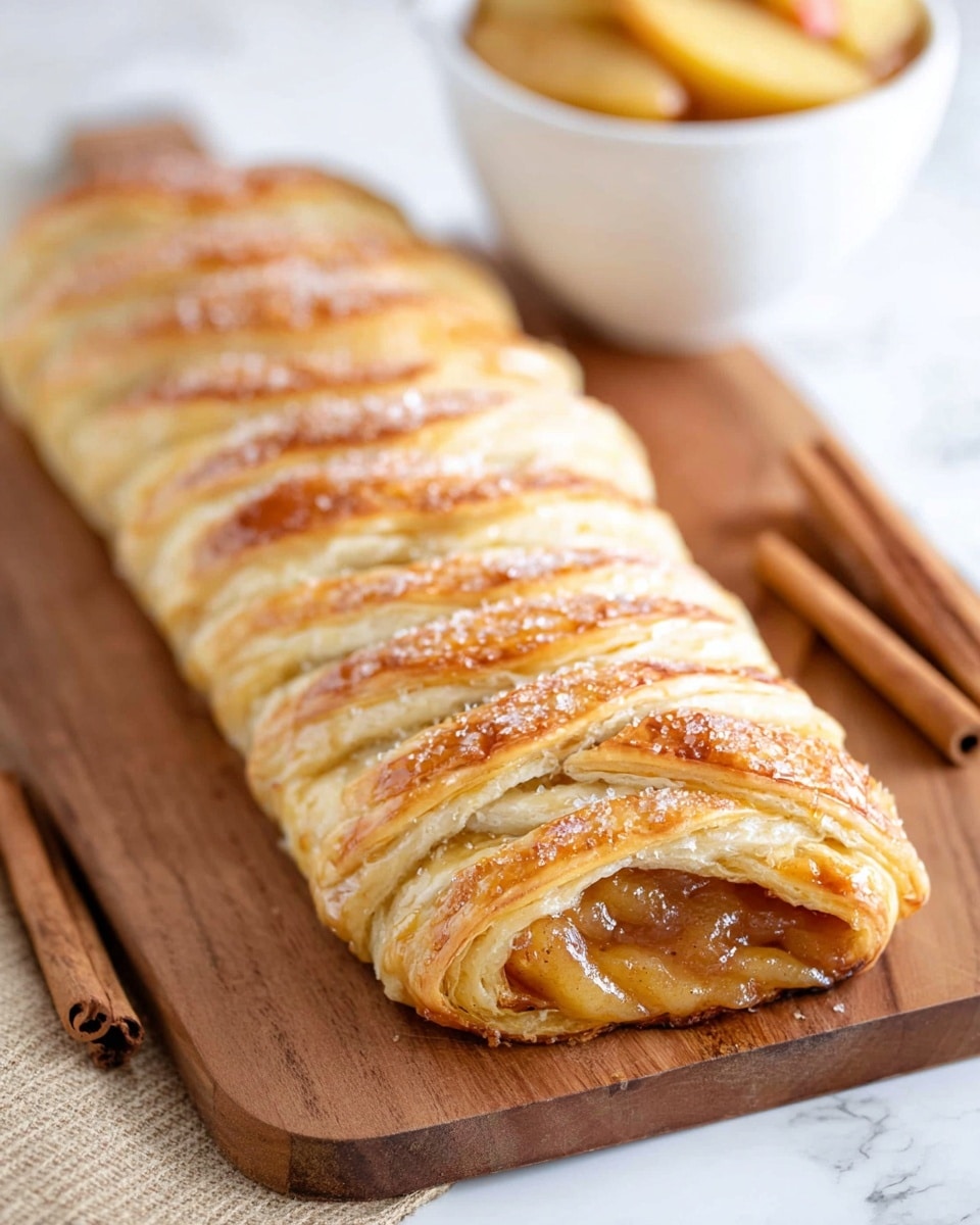 A golden brown puff pastry braid sits on a wooden board, showing multiple crisp, flaky layers with a sugar sprinkle on top. The braid is filled with a shiny, amber-colored filling visible at the twisted edges on one side. In the background, a white bowl holds glossy cooked apple slices in a light syrup. Two cinnamon sticks lie on the board near the pastry. The scene rests on a white marbled textured surface. photo taken with an iphone --ar 4:5 --v 7