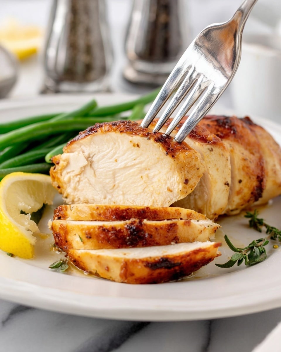 The image shows a white plate with several thick slices of roasted chicken breast arranged in a neat row. Each slice has a golden-brown, crispy skin with darker charred spots and small green herb bits sprinkled on top. The inside of the chicken is juicy and pale, contrasting with the richly colored outer layer. On the side, there are green beans and a small piece of lemon visible. The background has a white marbled texture. Photo taken with an iphone --ar 4:5 --v 7