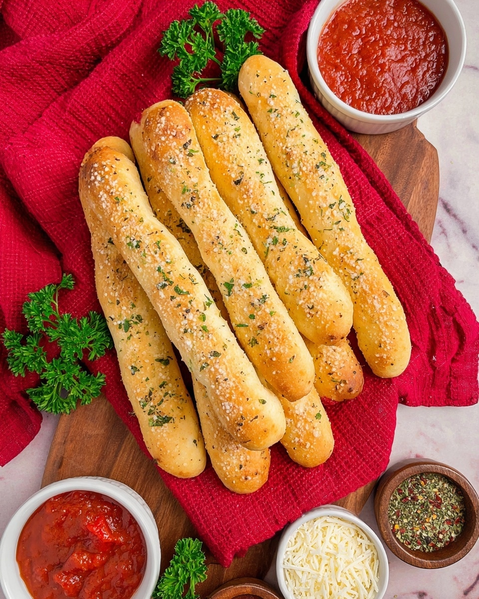 The image shows several golden garlic breadsticks with a rough, crunchy surface sprinkled with herbs and bits of toasted garlic. One breadstick in the center is broken in half, revealing a soft, porous inner texture. They rest on a bright red cloth, adding a strong contrast to the warm colors of the breadsticks. To the right, there is a small white bowl filled with a chunky red sauce that has pieces of chili flakes visible on the surface. Small green parsley leaves are placed at the bottom right corner, adding fresh color to the scene. The background is a white marbled texture. photo taken with an iphone --ar 4:5 --v 7