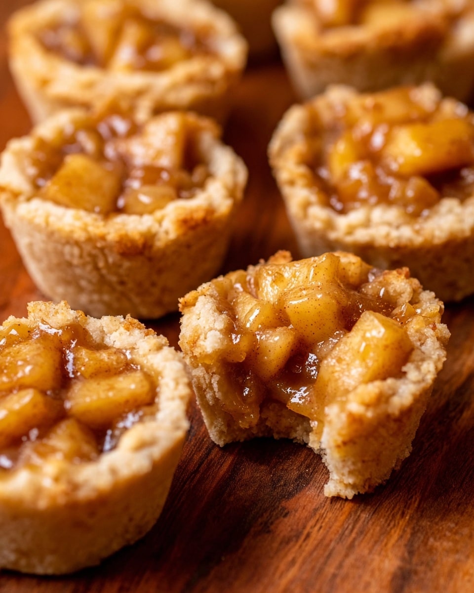 The image shows small tarts arranged closely on a brown wooden surface. Each tart has two main layers: a thick, crumbly pale golden crust forming the base and sides, and a glossy, caramel-colored filling with visible small chunks of cooked apples and spices that give a warm, textured look. The tarts are round with slightly uneven edges on the crust, and the filling appears smooth yet chunky, shining under soft light. photo taken with an iphone --ar 4:5 --v 7