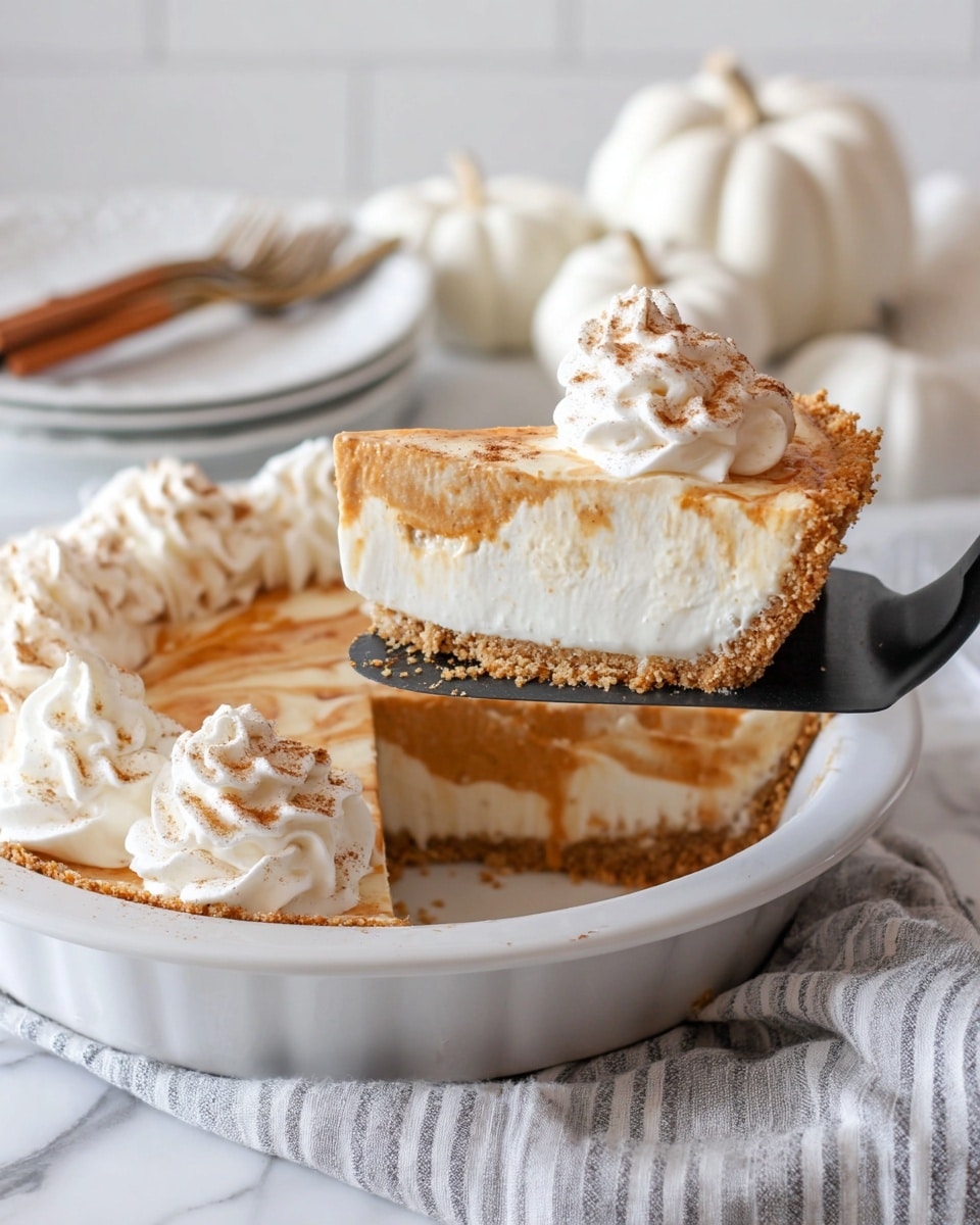 A slice of creamy pie with three visible layers sits on a stack of white plates with a silver fork beside it; the bottom layer is a firm, light brown crust, the middle layer is thick and white, and the top layer is swirled with orange and white in a marbled pattern. On top of the slice is a swirled dollop of white whipped cream dusted lightly with brown cinnamon. In the background, the whole pie shows multiple similar whipped cream dollops on top and there are white pumpkins blurred in the back. The setting is on a white marbled surface. photo taken with an iphone --ar 4:5 --v 7