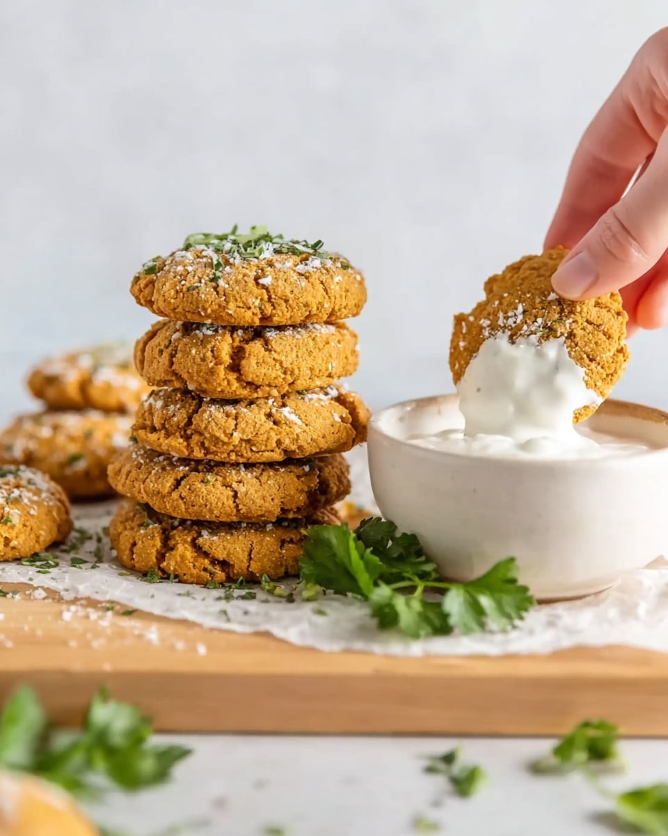 A stack of golden brown cookies with a rough, crumbly texture sprinkled with white powder and green herbs sits on a white parchment on a light wooden board. To the right, a white bowl filled with creamy white dip is placed, with a woman's hand dipping one cookie halfway into the dip. Bright green parsley leaves are scattered around the board and parchment, adding fresh color. The scene is set against a white marbled background. photo taken with an iphone --ar 4:5 --v 7