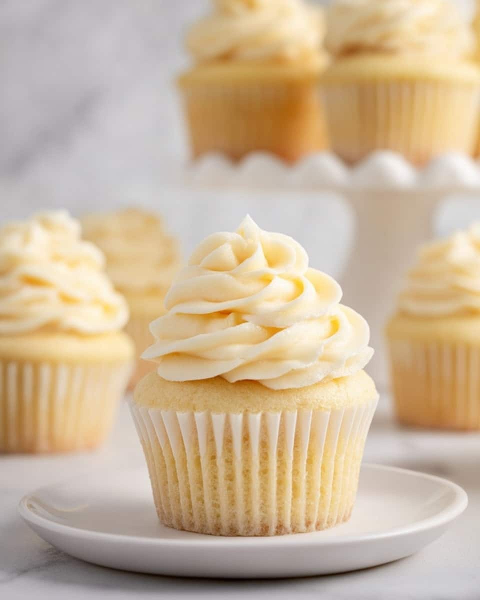 A close-up of a vanilla cupcake with one thick swirl of light cream-colored frosting on top, sitting centered on a white plate. The cupcake base is pale yellow with a smooth texture and vertical ridges from the white paper liner. In the background, several similar cupcakes with matching frosting sit on a white cake stand and around the plate, all against a soft white marbled surface and background, creating a clean and bright scene. Photo taken with an iphone --ar 4:5 --v 7