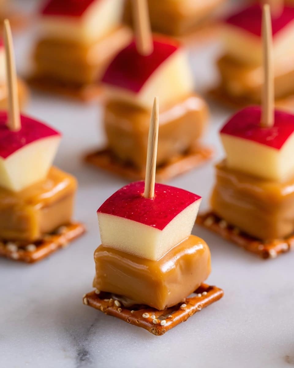 A close-up image showing two layered snacks on thin wooden sticks. Each snack has three layers: on the bottom is a small square pretzel with a golden brown color and a slightly rough texture, in the middle is a soft, round piece of shiny orange cheese, and on top is a small cube of crisp white apple with bright red skin on one side. The snacks are held above a baking tray lined with white marbled texture, while a red and white checkered cloth is partially visible in the background. Photo taken with an iphone --ar 4:5 --v 7